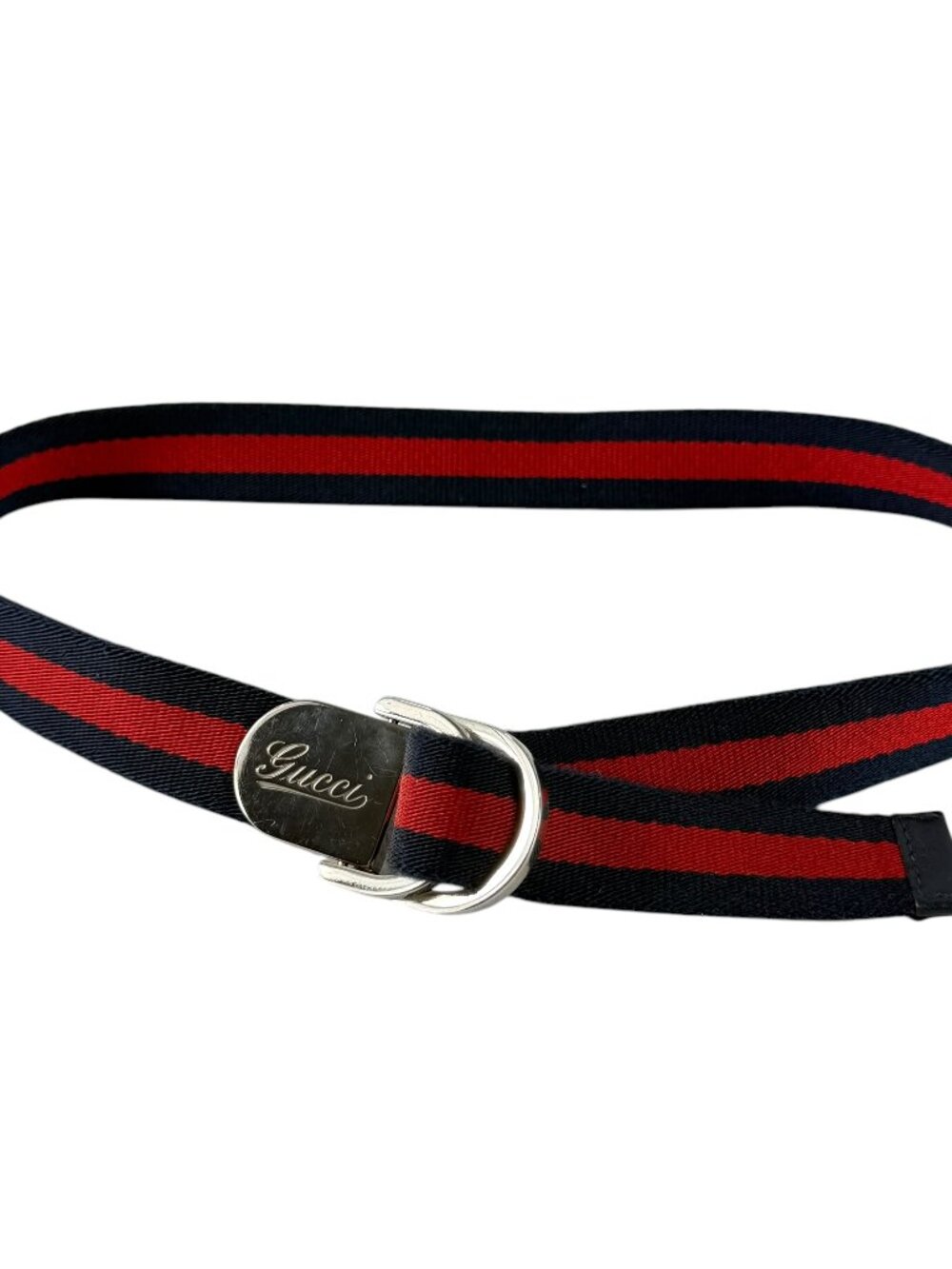 GUCCI Navy and Red Canvas Web D-ring Belt Made in Italy Marked as "M"